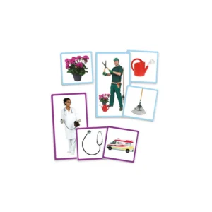 Djeca povezuju kartice zanimanja i predmeta Edukativna igra za razvoj logike i pamćenja Kartice zanimanja i predmeta na stolu Dijete pokazuje odgovarajući par Učenje kroz igru i zabavu za djecu 3+